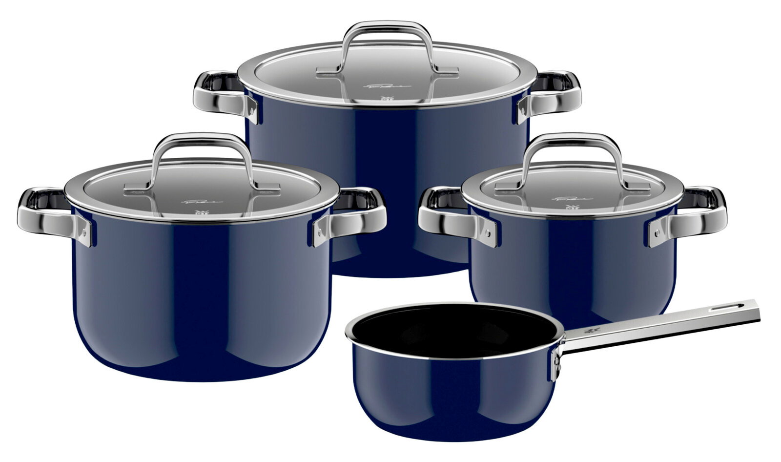 WMF Topfset 4-tlg. FUSIONTEC MINERAL PRO Vierteiliges Topfset in Blau mit Edelstahlgriffen und -deckeln, aus der Vorderansicht fotografiert.