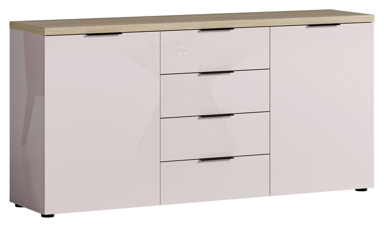 Modernes Sideboard mit Holzoberfläche und glänzenden weißen Fronten, frontal betrachtet.