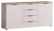 Modernes Sideboard mit Holzoberfläche und glänzenden weißen Fronten, frontal betrachtet.