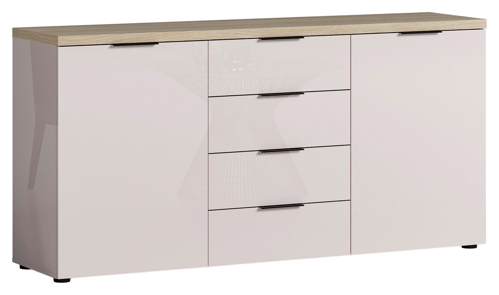 Modernes Sideboard mit Holzoberfläche und glänzenden weißen Fronten, frontal betrachtet.