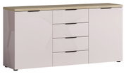 Modernes Sideboard mit Holzoberfläche und glänzenden weißen Fronten, frontal betrachtet.