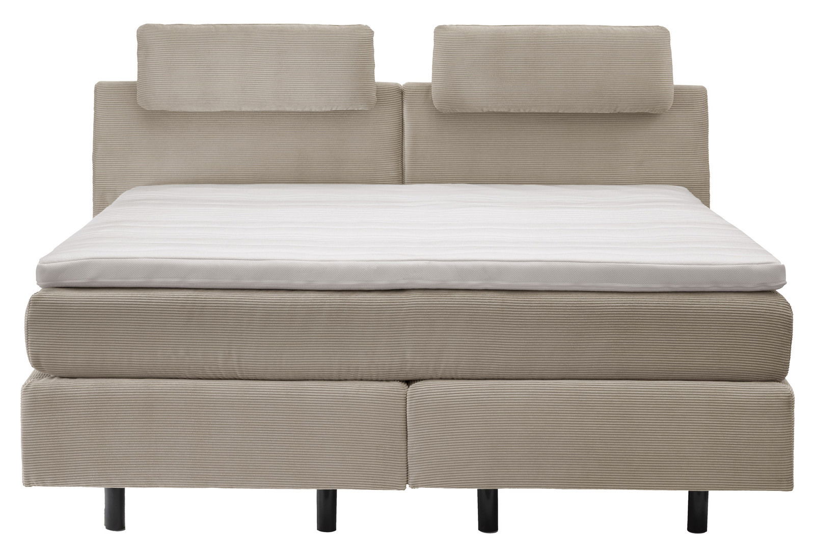 Boxspringbett in beige aus der Frontperspektive mit zwei Kopfstützen und schwarzem Fußgestell.