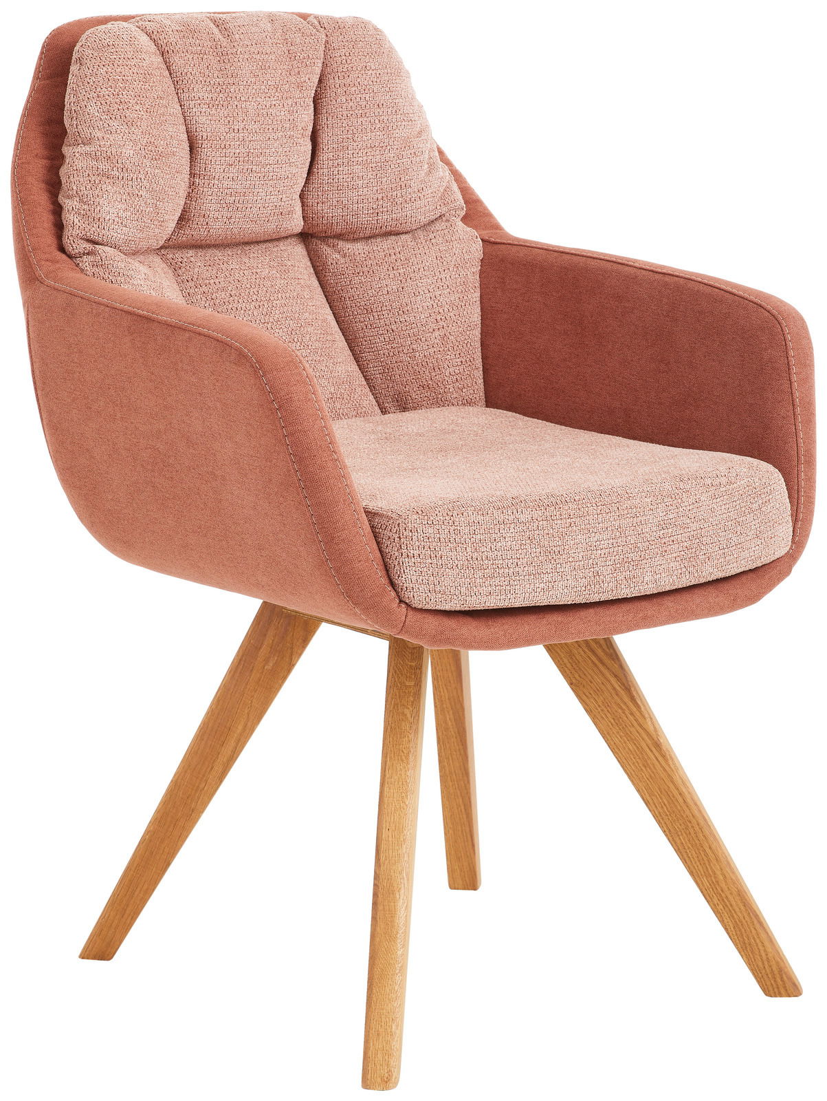 Moderner Sessel mit rosa Polsterung und Holzbeinen, seitliche Perspektive