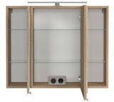 Offener Spiegelschrank mit Holzrahmen, Glasregalen und integrierter Steckdose, Frontalansicht