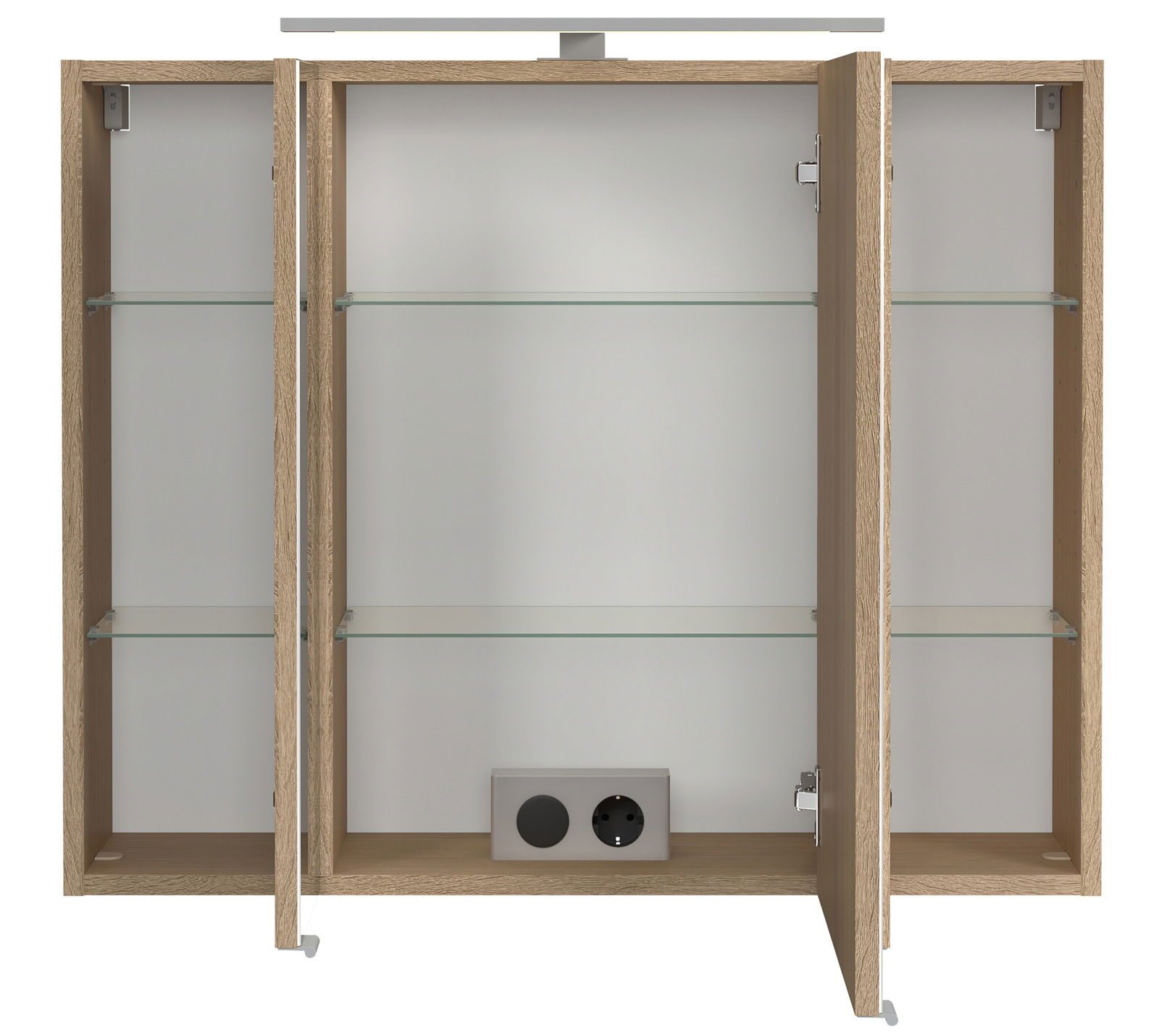Offener Spiegelschrank mit Holzrahmen, Glasregalen und integrierter Steckdose, Frontalansicht