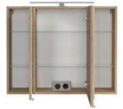 Offener Spiegelschrank mit Holzrahmen, Glasregalen und integrierter Steckdose, Frontalansicht