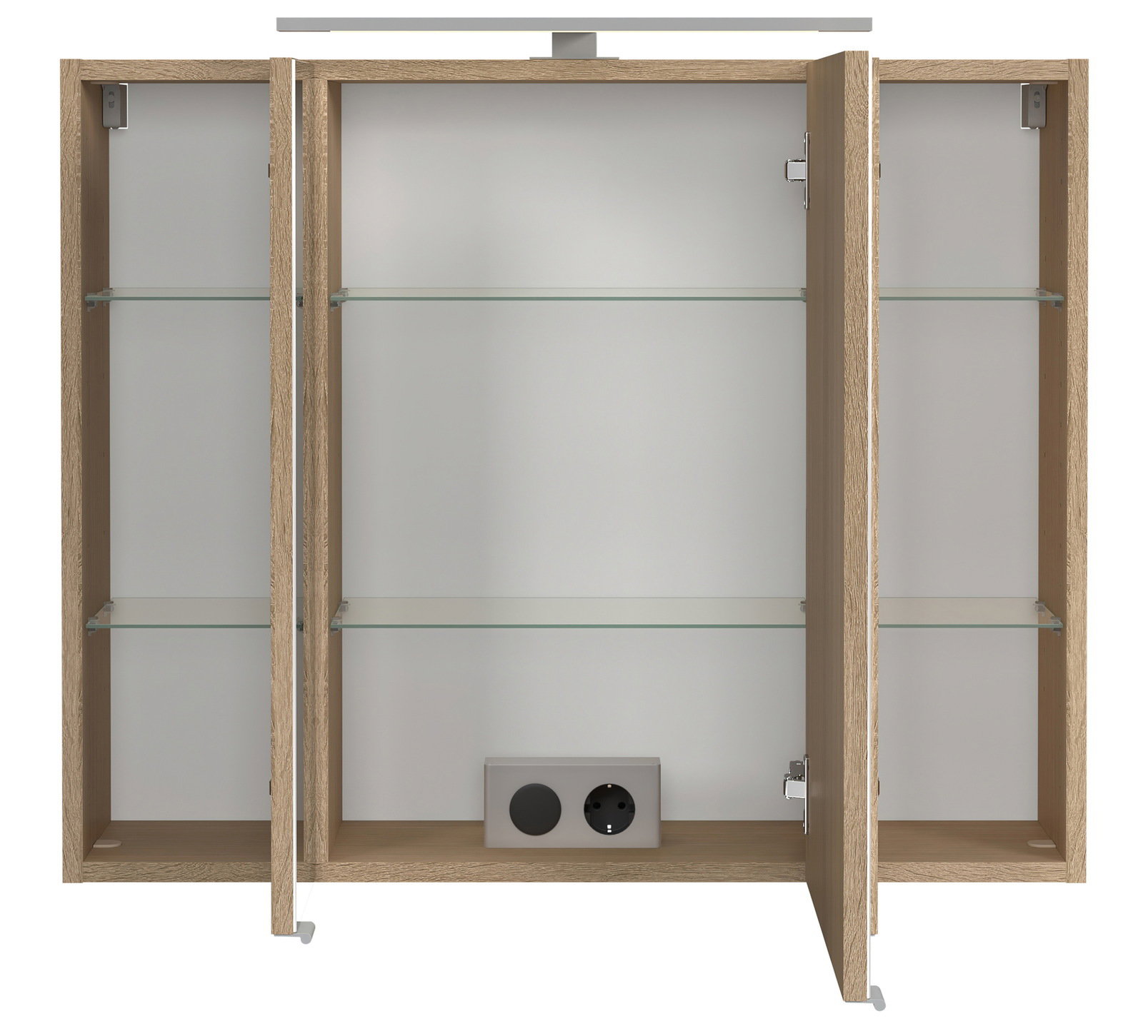 Offener Spiegelschrank mit Holzrahmen, Glasregalen und integrierter Steckdose, Frontalansicht