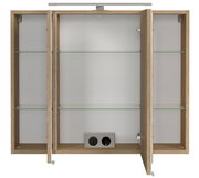 Offener Spiegelschrank mit Holzrahmen, Glasregalen und integrierter Steckdose, Frontalansicht