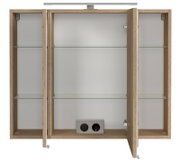 Offener Spiegelschrank mit Holzrahmen, Glasregalen und integrierter Steckdose, Frontalansicht