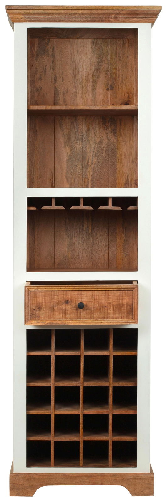 Vorderansicht eines Barschrankes aus Holz mit mehreren Regalfächern, einem Weinglashalter und einem Schubladenfach.