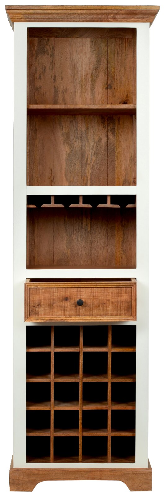 Vooraanzicht van een houten barmeubel met meerdere planken, een wijnglashouder en een lade.