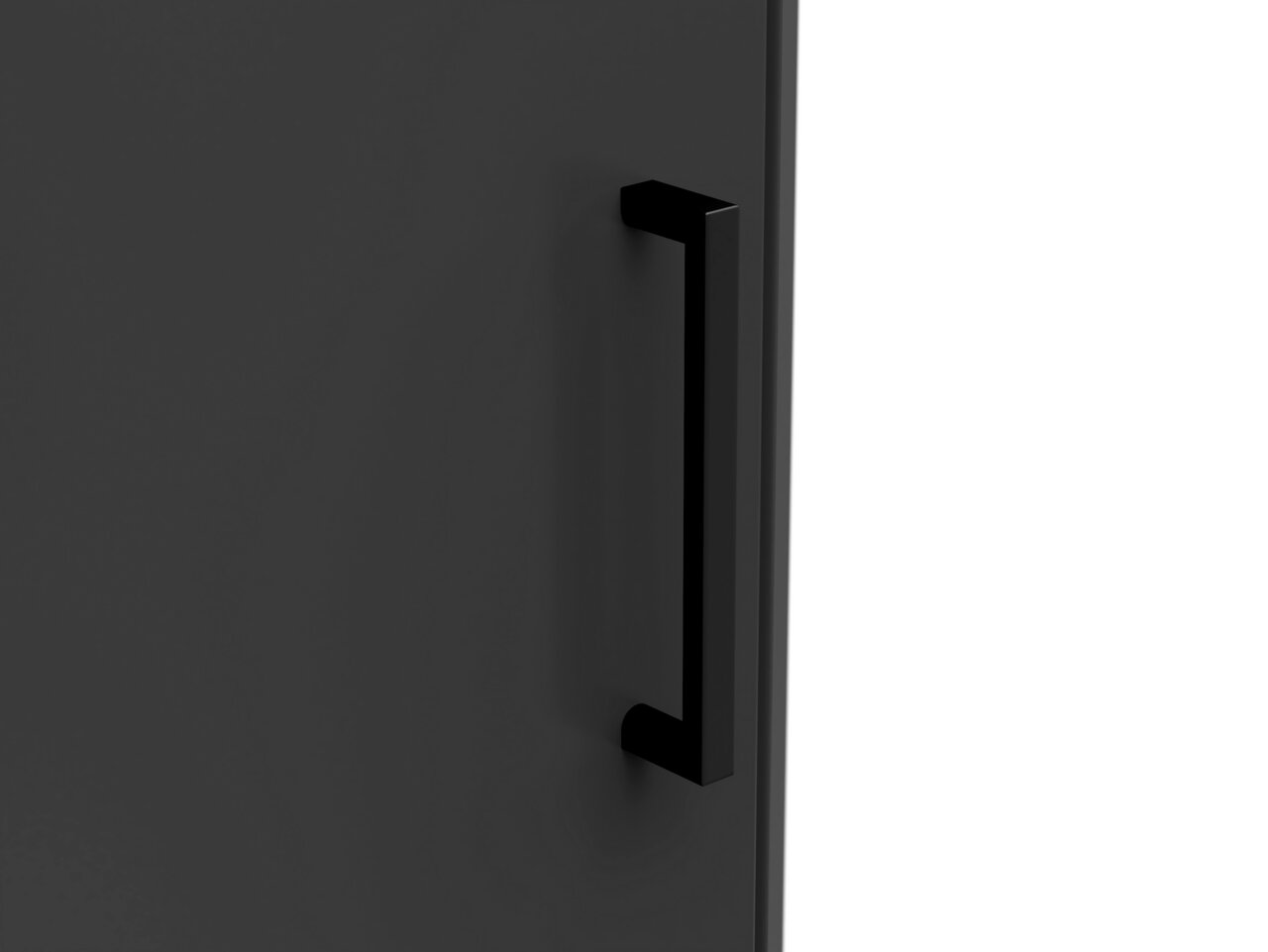 Nahaufnahme eines schwarzen Griffs an einer dunklen Schranktür, seitliche Perspektive