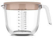 Glazen maatbeker met een inhoud van 1000 ml, zijaanzicht, met schaalverdeling in ml en oz, beige deksel.