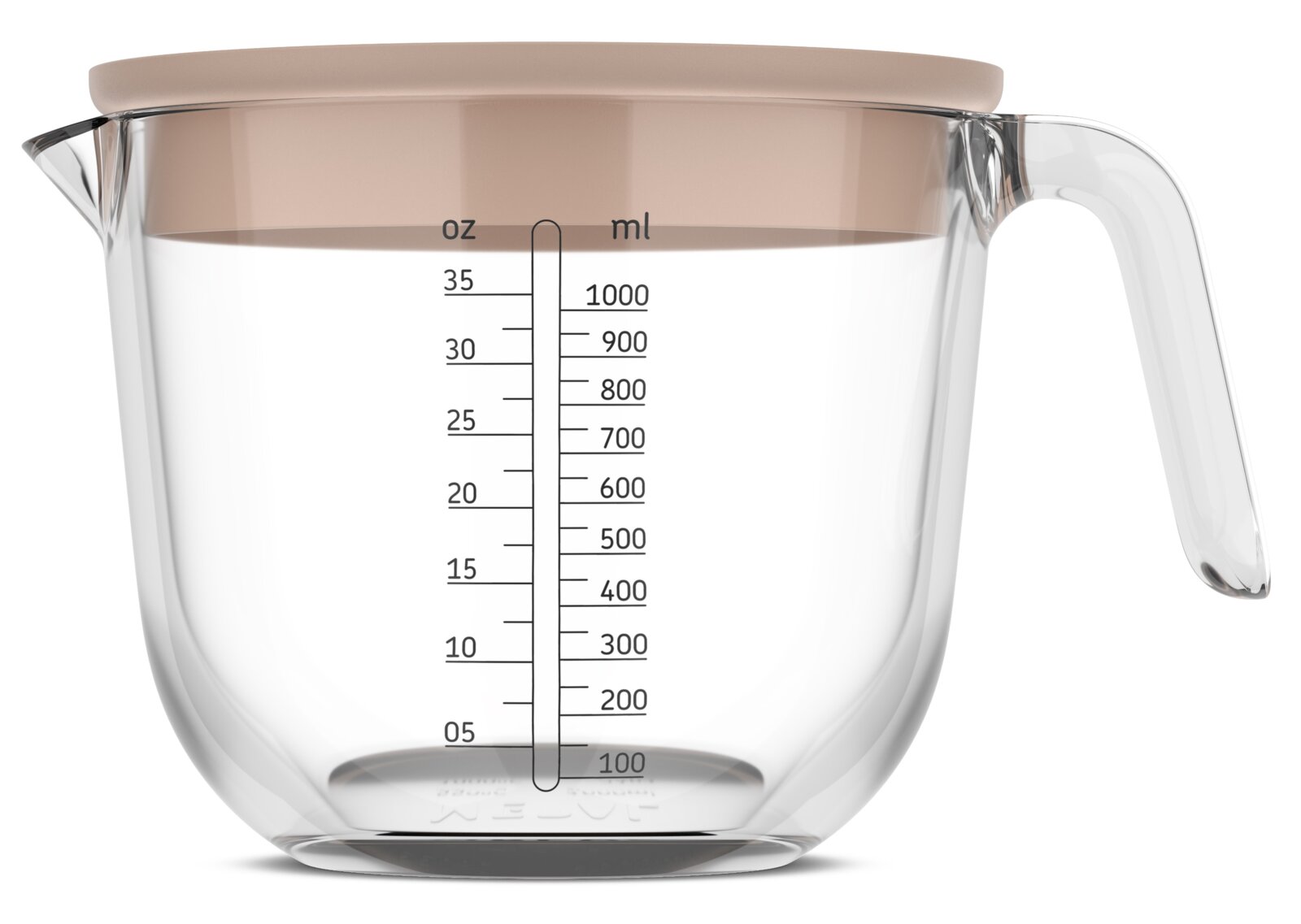 Glazen maatbeker met een inhoud van 1000 ml, zijaanzicht, met schaalverdeling in ml en oz, beige deksel.