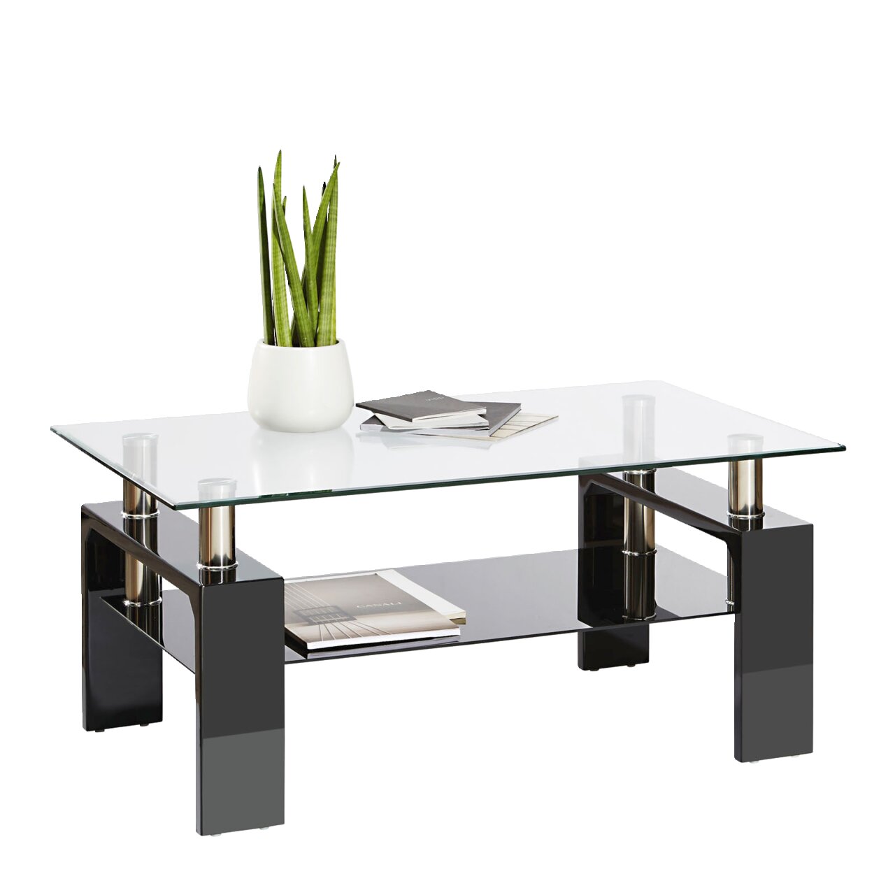 Z2 Couchtisch SANDY Moderner Couchtisch mit Glasplatte und schwarzem Gestell, seitliche Perspektive