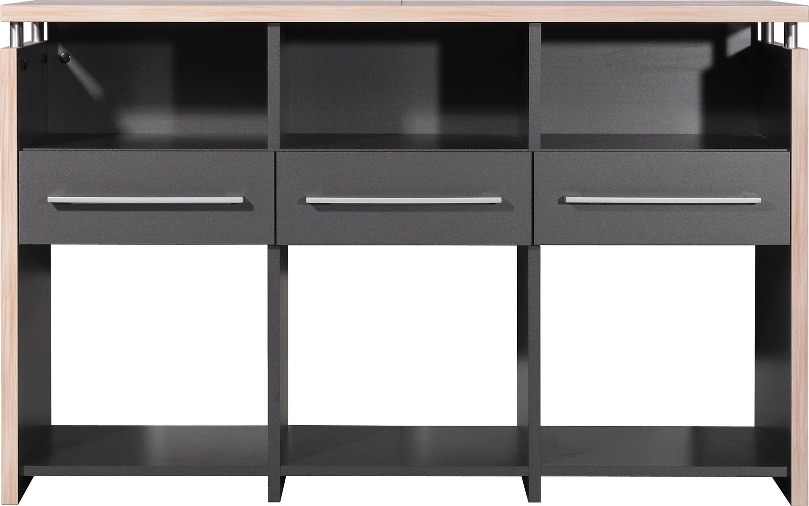 Kombitisch mit drei Schubladen und offenen Fächern, frontal betrachtet