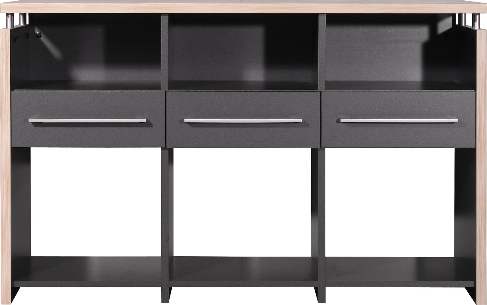 Kombitisch mit drei Schubladen und offenen Fächern, frontal betrachtet