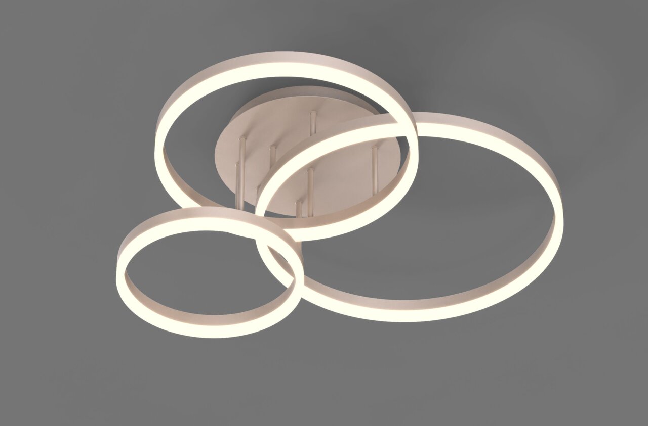 Moderne LED-Deckenleuchte mit drei ineinander verschlungenen Ringen, seitliche Perspektive.