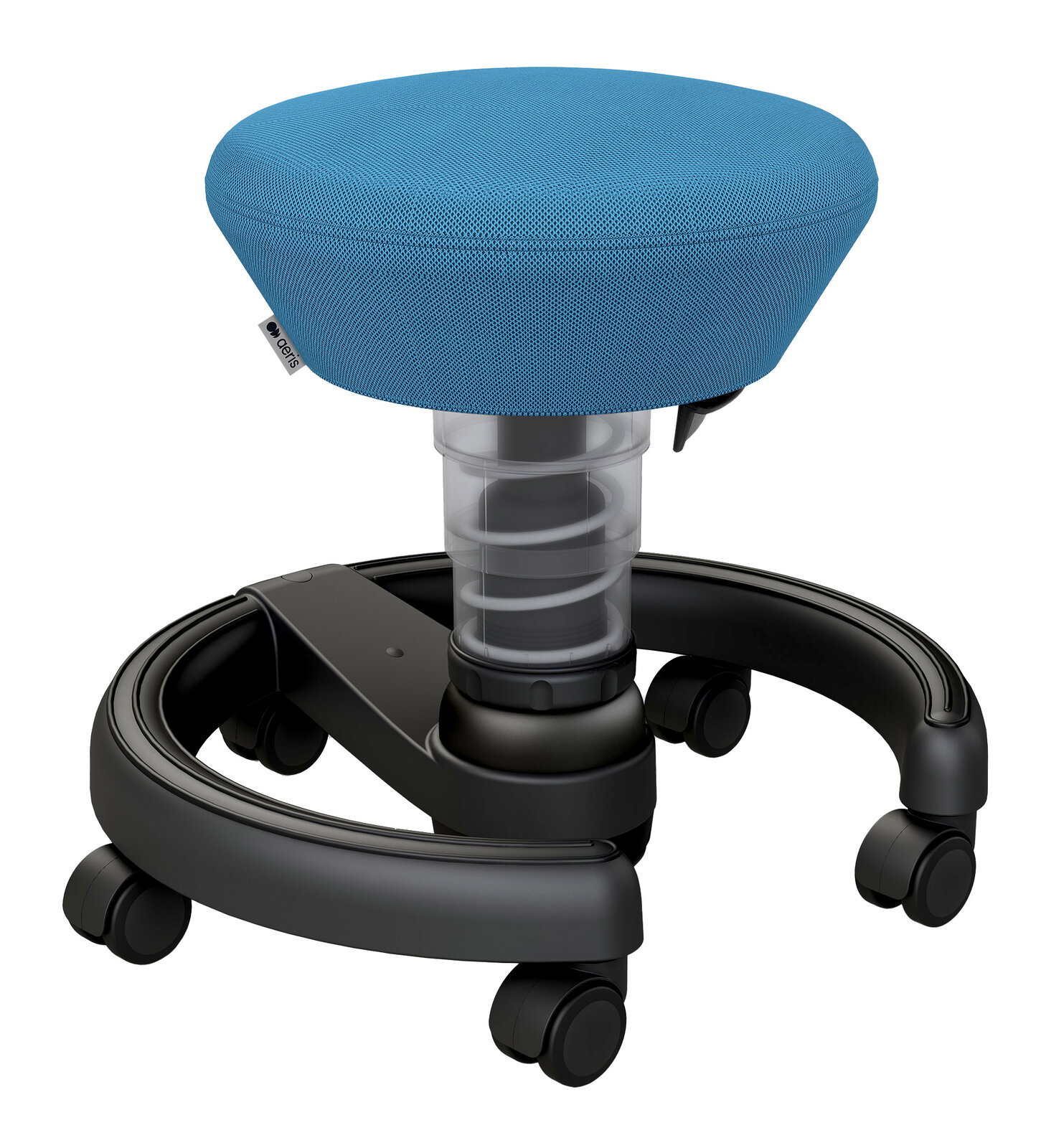 Blauer Sitzhocker für Kinder mit Rollen, seitliche Perspektive