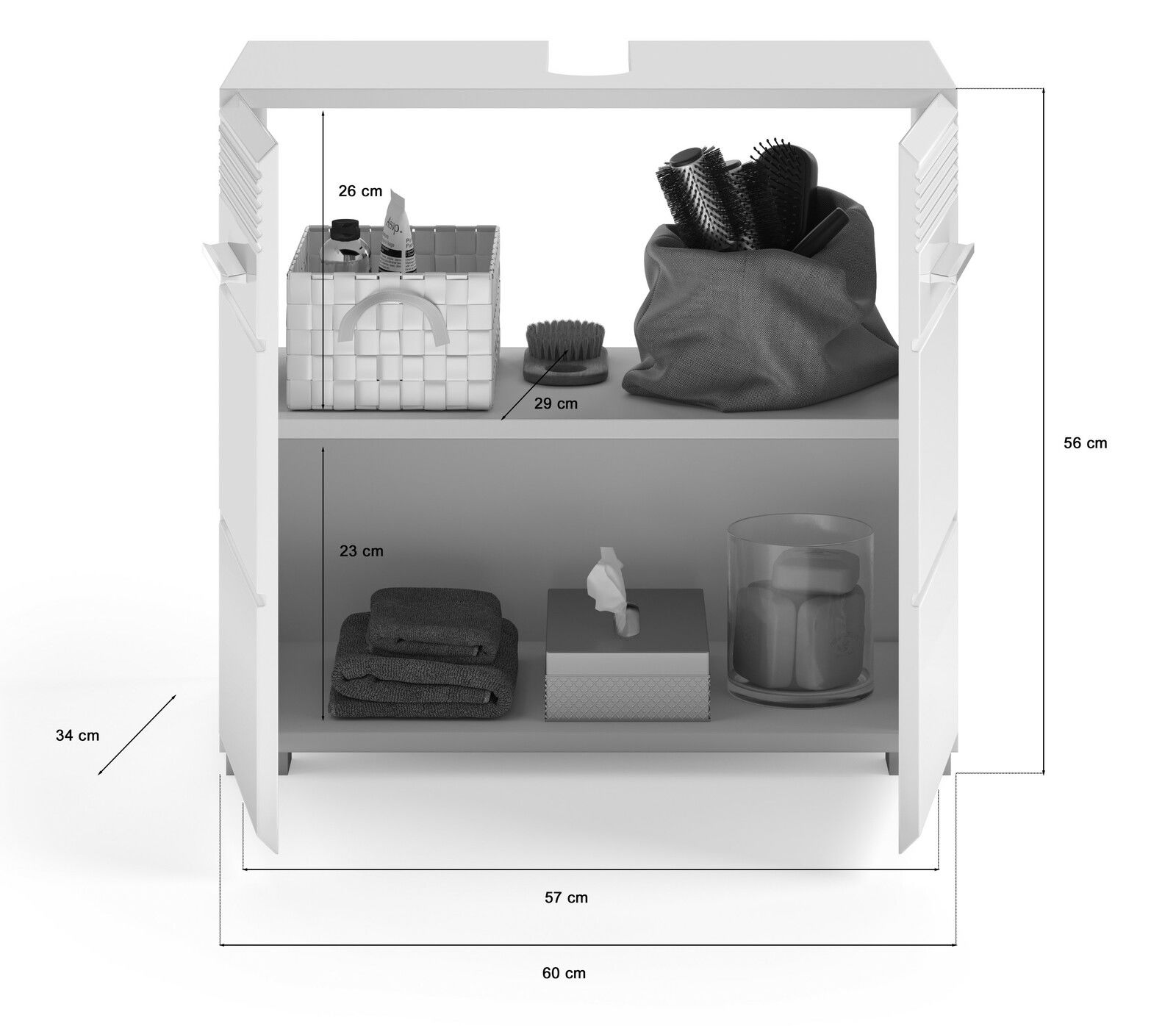 Frontansicht eines weißen Badezimmerschranks mit zwei offenen Regalfächern, gefüllt mit Badutensilien wie Handtüchern, Bürsten und Aufbewahrungsboxen.