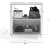 Frontansicht eines weißen Badezimmerschranks mit zwei offenen Regalfächern, gefüllt mit Badutensilien wie Handtüchern, Bürsten und Aufbewahrungsboxen.