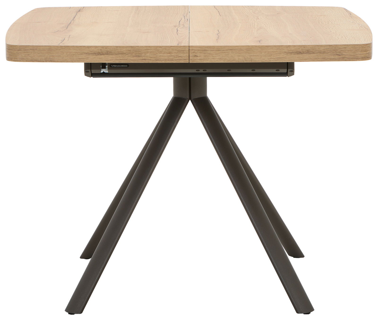 Moderner Esstisch mit quadratischer Holzplatte und schwarzem Metallgestell, seitliche Perspektive