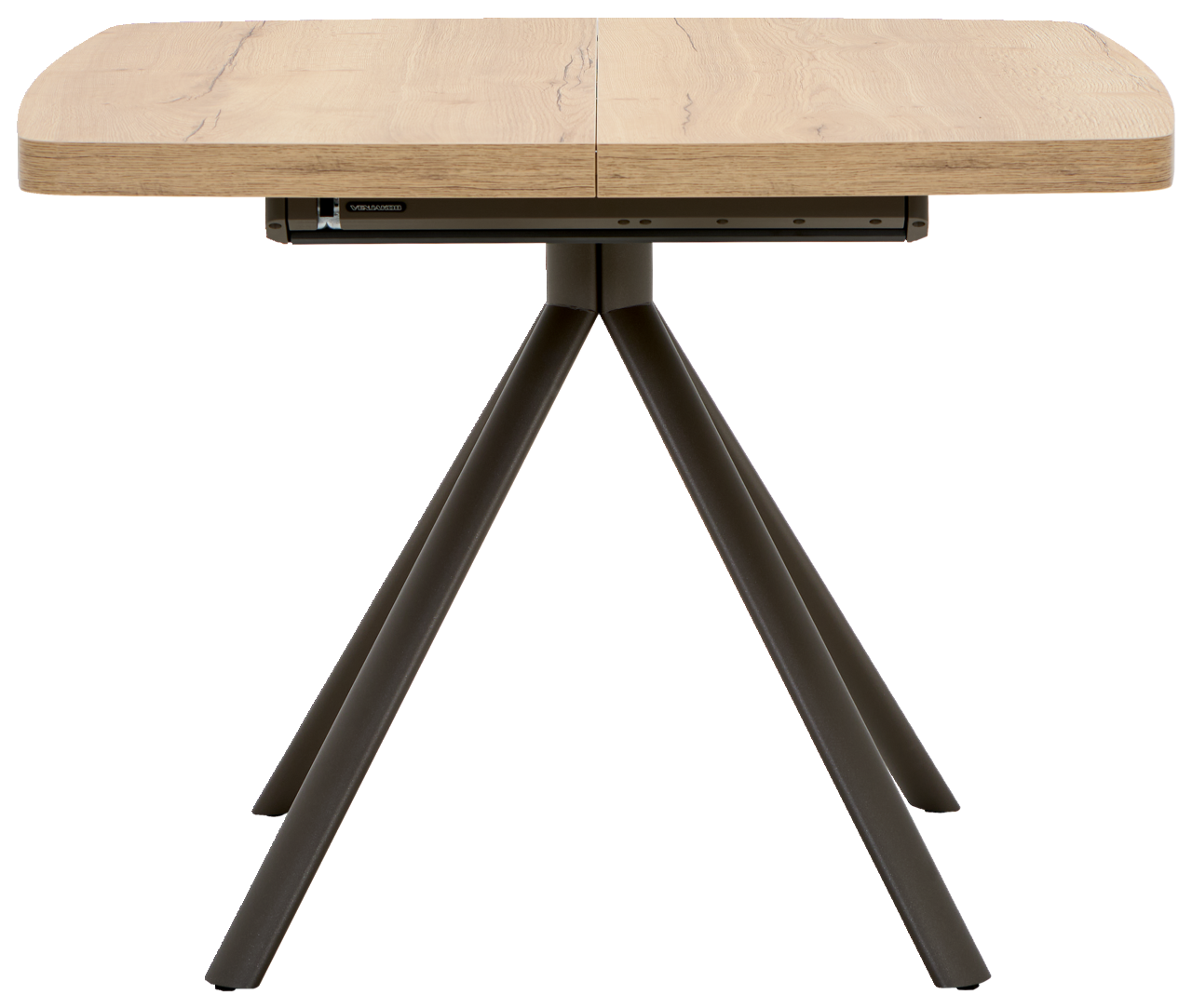 Moderner Esstisch mit quadratischer Holzplatte und schwarzem Metallgestell, seitliche Perspektive