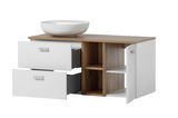 Waschtisch-Set mit weißem Waschbecken auf Holzplatte, zwei offenen Schubladen und einer offenen Tür, seitliche Perspektive