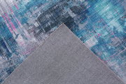 Teppich in Blau- und Grautönen mit abstraktem Muster, Ecke umgeschlagen, um Rückseite zu zeigen, Draufsicht