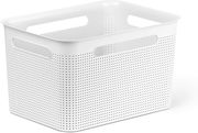 Weiße, perforierte Aufbewahrungsbox mit Griffen, seitliche Perspektive