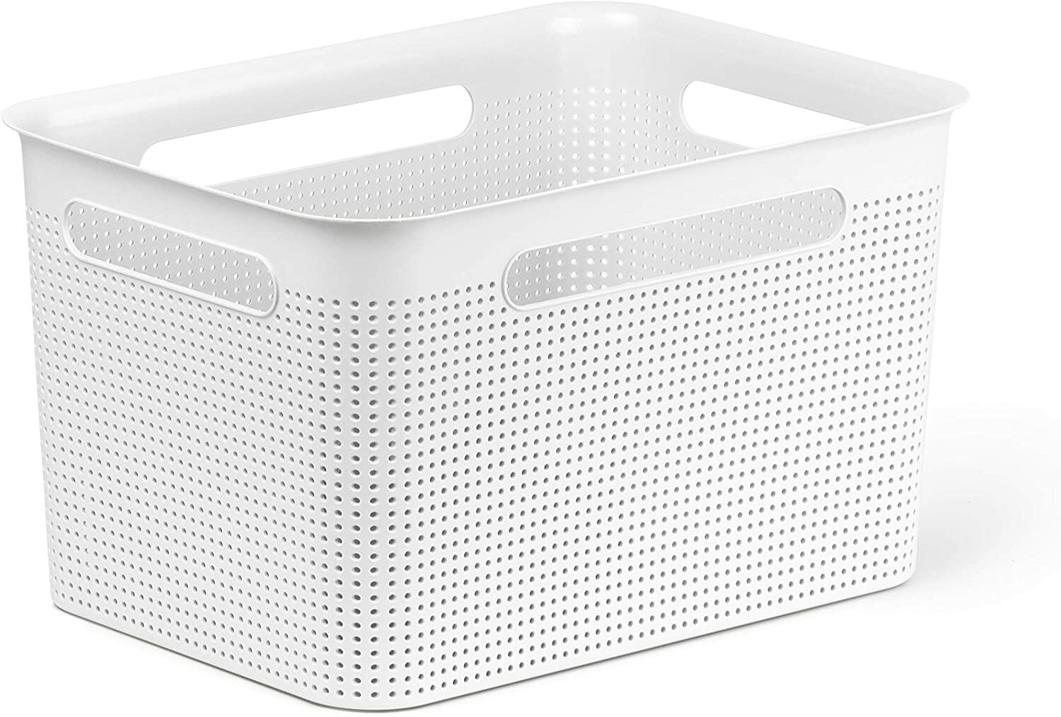 Weiße, perforierte Aufbewahrungsbox mit Griffen, seitliche Perspektive