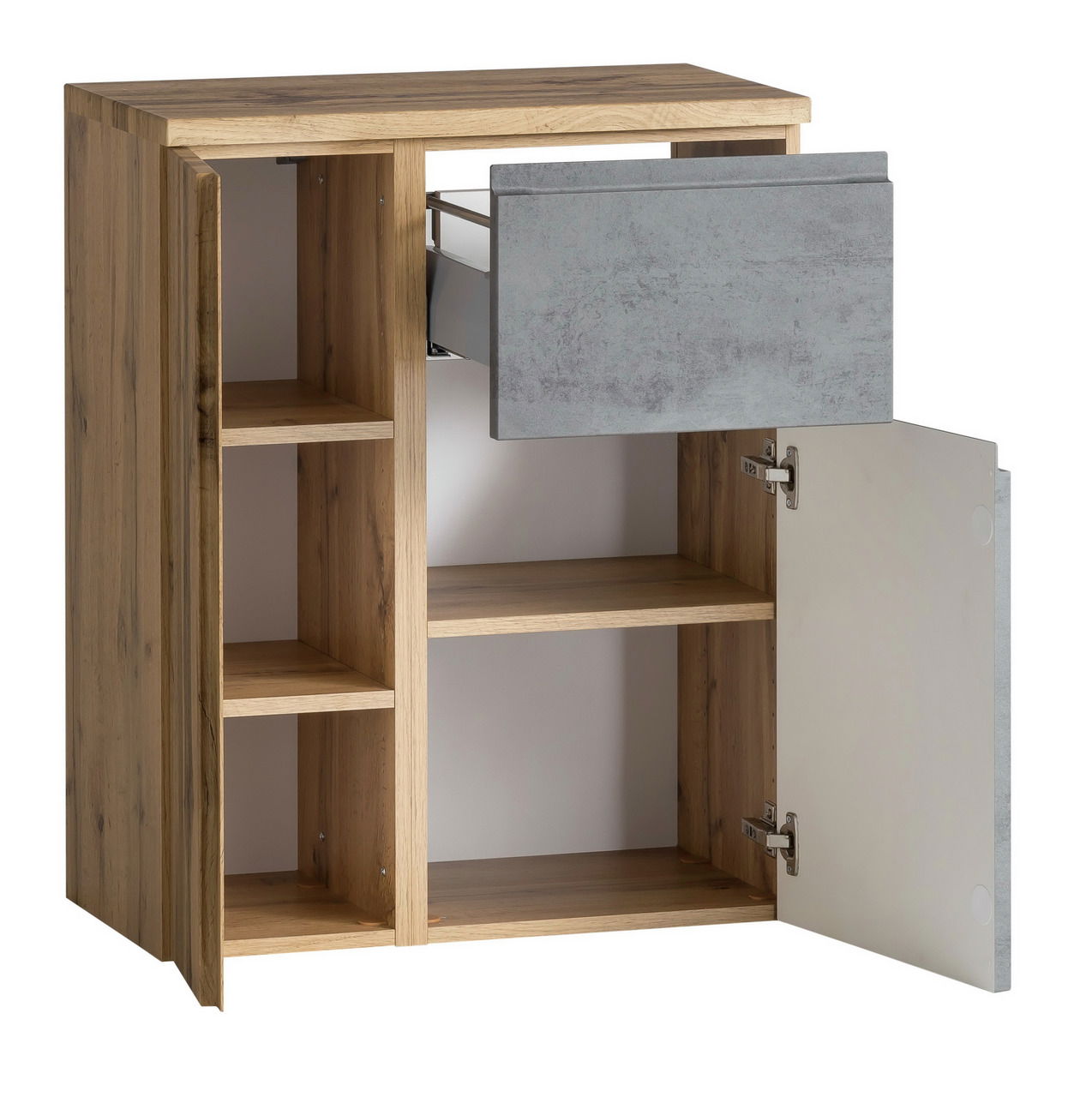 Unterschrank 65 cm aus Holz mit offenem Schubfach und Tür, seitliche Perspektive