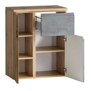 Unterschrank 65 cm aus Holz mit offenem Schubfach und Tür, seitliche Perspektive