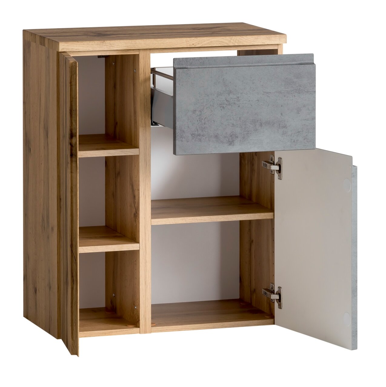XORA Unterschrank VARESE Unterschrank 65 cm aus Holz mit offenem Schubfach und Tür, seitliche Perspektive