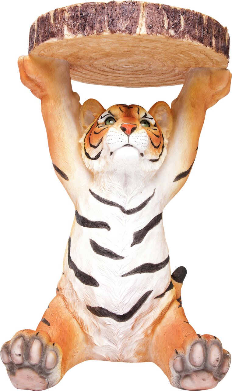 Beistelltisch in Form eines sitzenden Tigers, der eine Tischplatte über dem Kopf hält, Frontalansicht