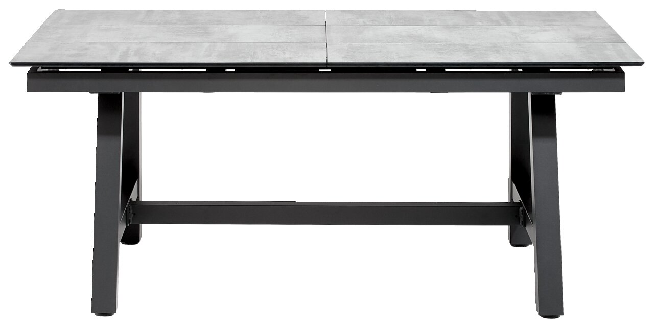 Moderner Gartentisch mit grauer Tischplatte und schwarzem Gestell, frontal betrachtet.