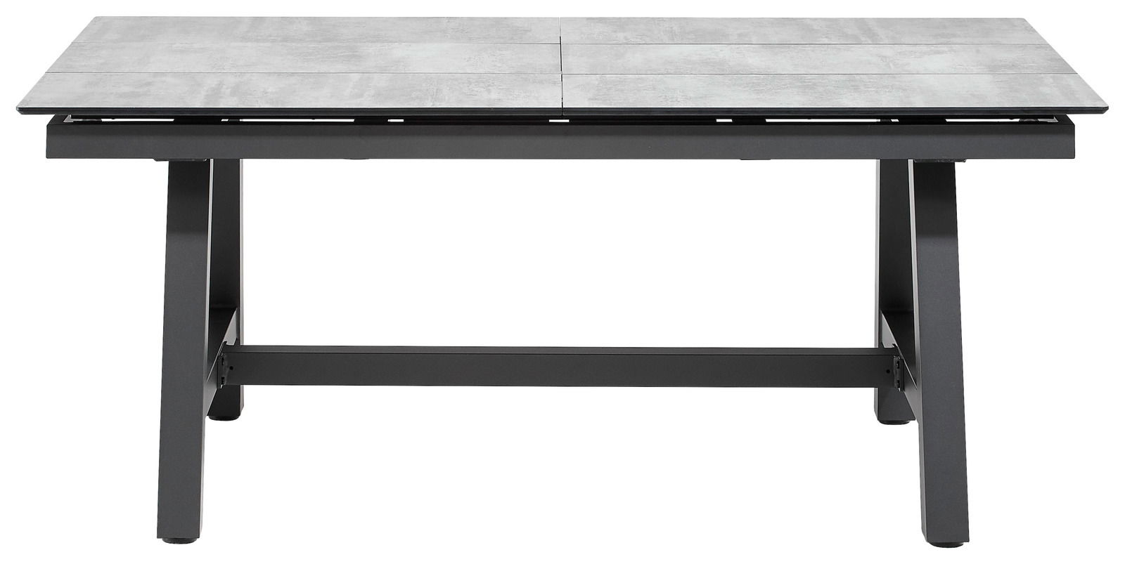 Moderner Gartentisch mit grauer Tischplatte und schwarzem Gestell, frontal betrachtet.