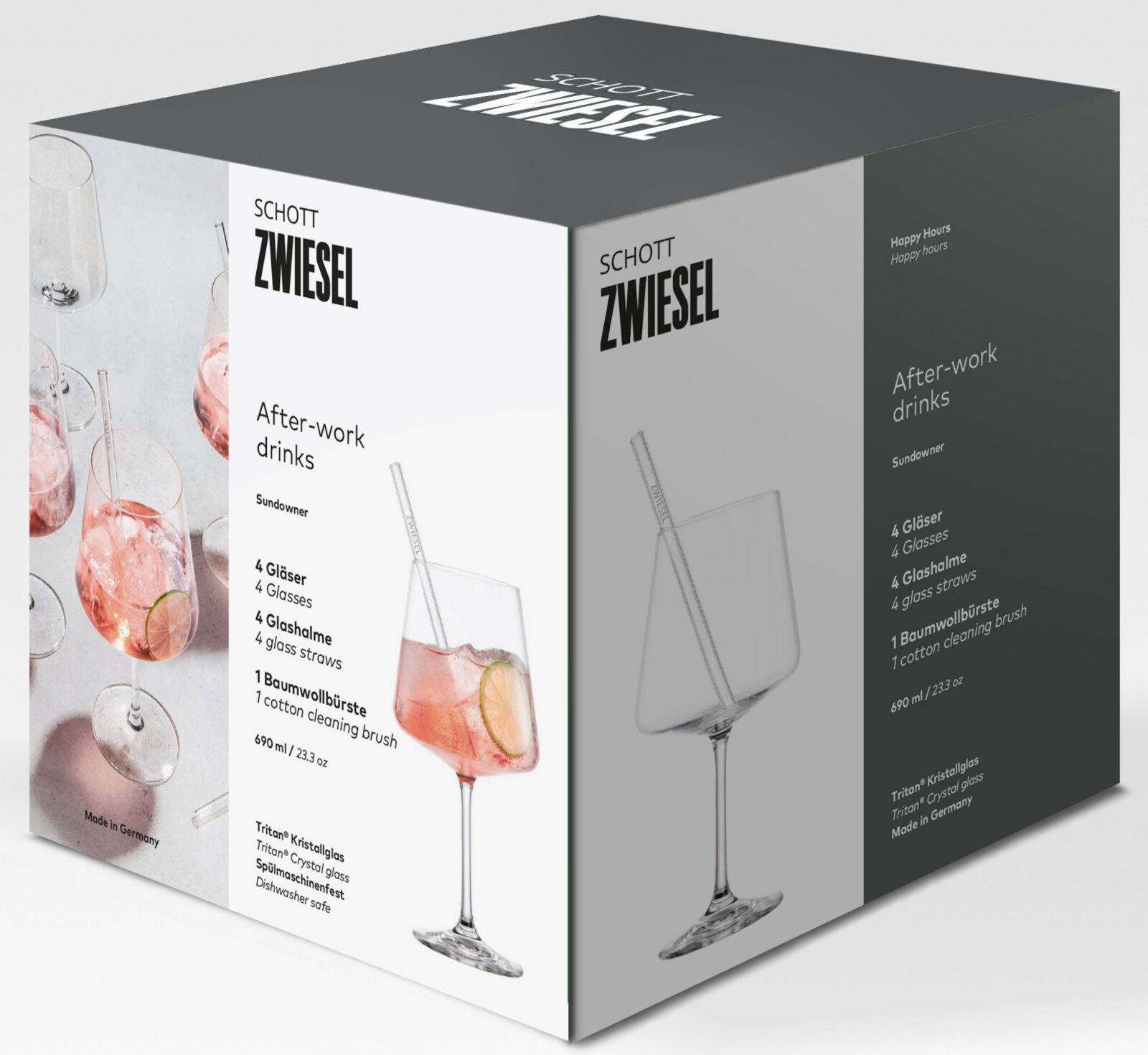 Schott Zwiesel Geschenkbox „After-work drinks“ (Sundowner) mit 4 Gläsern, 4 Glashalmen und Reinigungsbürste, 690 ml, Tritan Kristallglas – schräge Vorderansicht der Verpackung