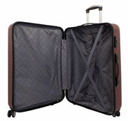 Offener burgunderfarbener Trolley mit grauem Innenfutter und Kreuzspanngurten, seitliche Perspektive