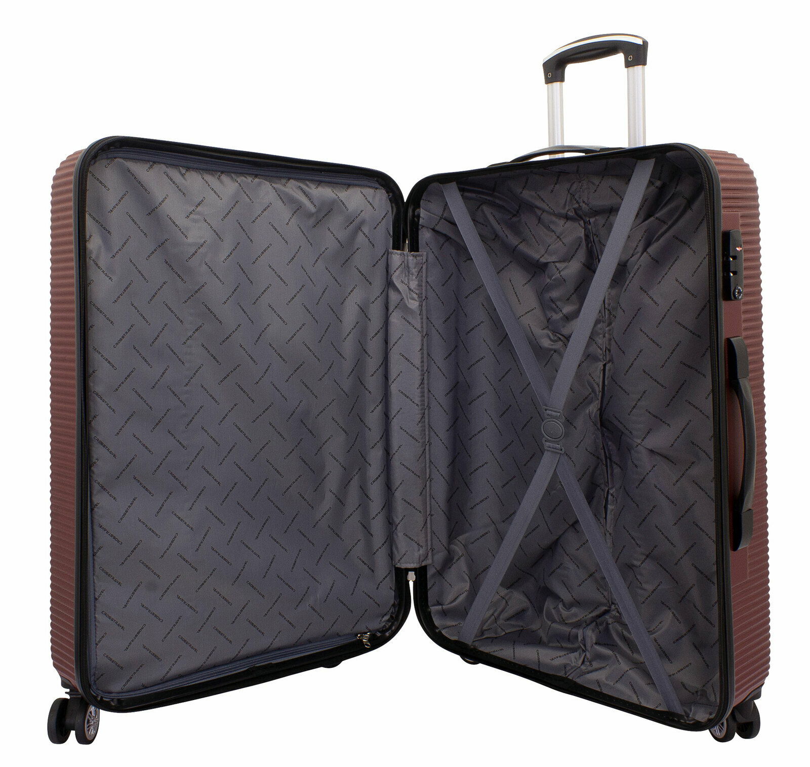 Offener burgunderfarbener Trolley mit grauem Innenfutter und Kreuzspanngurten, seitliche Perspektive