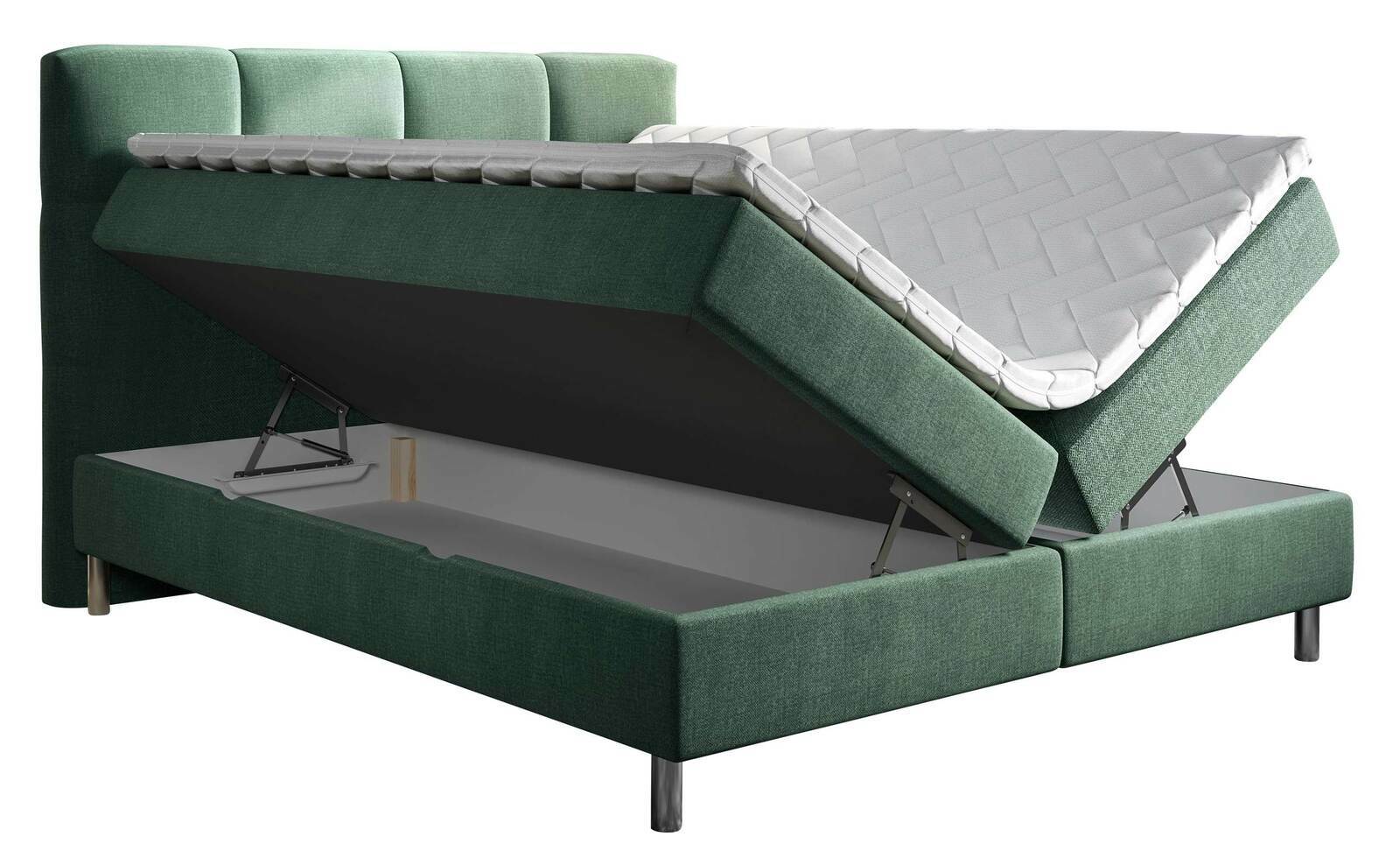 Grünes Boxbett mit hochgeklappter Matratze und Stauraum, seitliche Perspektive