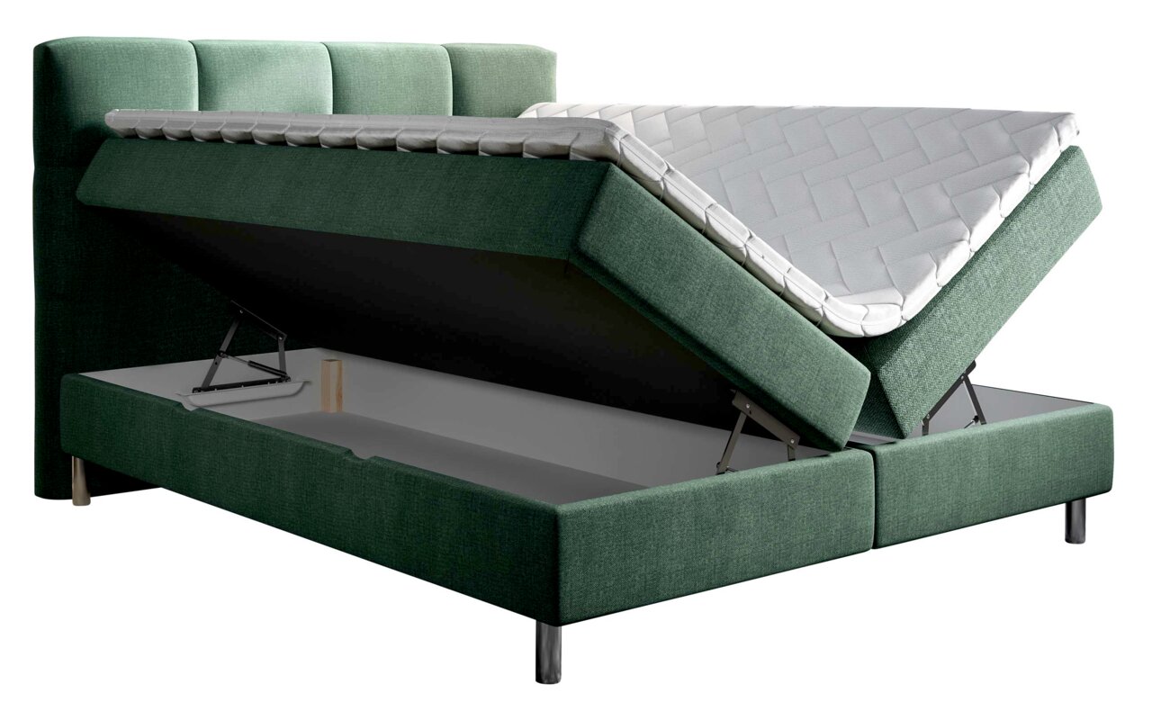 Grünes Boxbett mit hochgeklappter Matratze und Stauraum, seitliche Perspektive