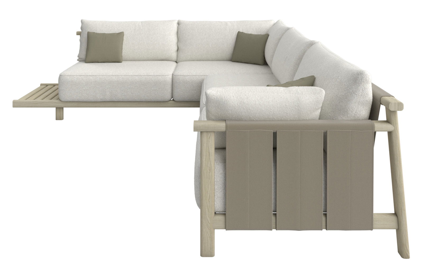 L-förmige Loungeeckgarnitur mit hellen Polstern und Holzrahmen, seitliche Perspektive