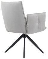 Rückansicht eines grauen Armlehnstuhls mit gestepptem Stoffbezug und schwarzen Metallbeinen.