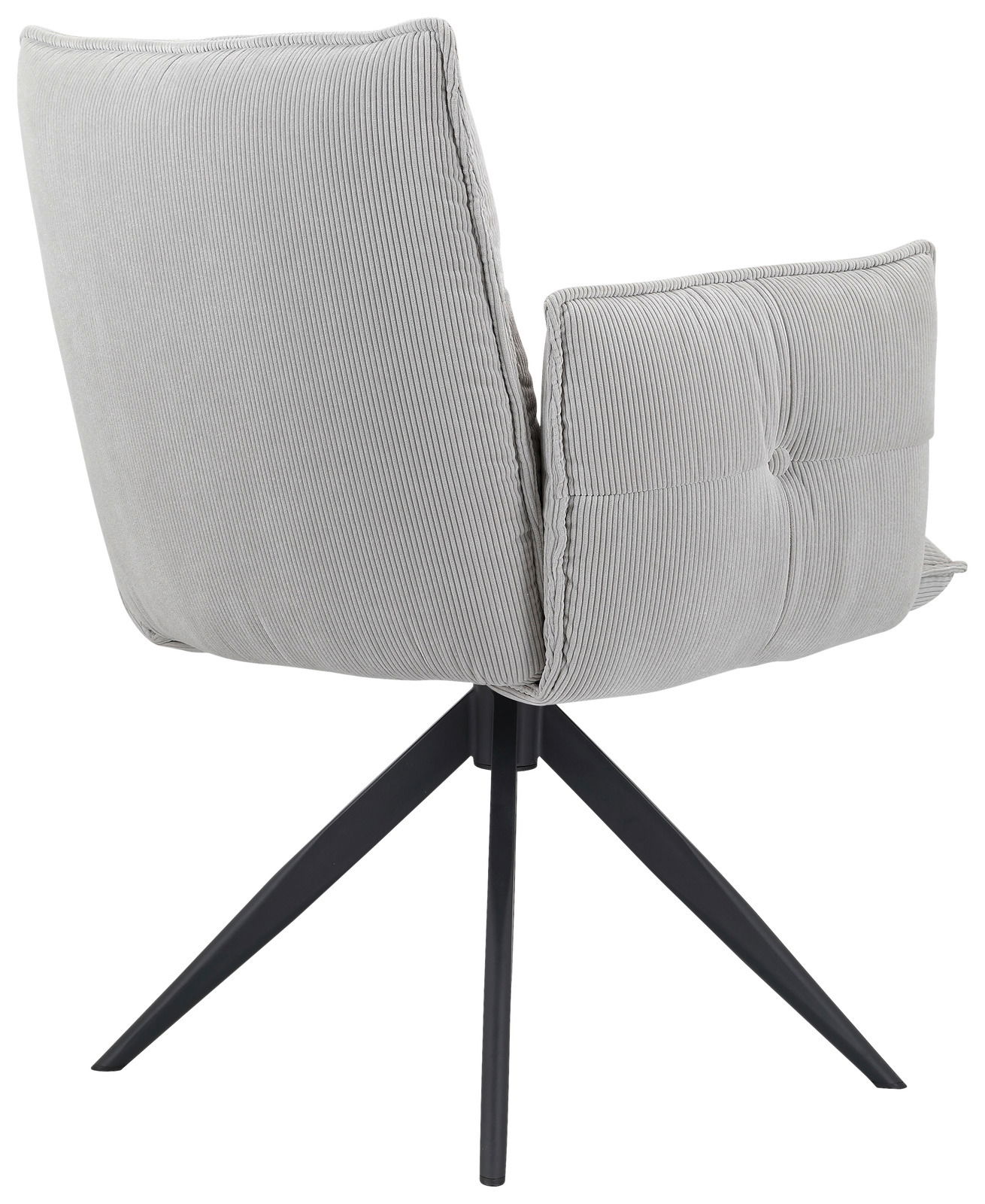 Rückansicht eines grauen Armlehnstuhls mit gestepptem Stoffbezug und schwarzen Metallbeinen.