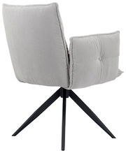 Rückansicht eines grauen Armlehnstuhls mit gestepptem Stoffbezug und schwarzen Metallbeinen.