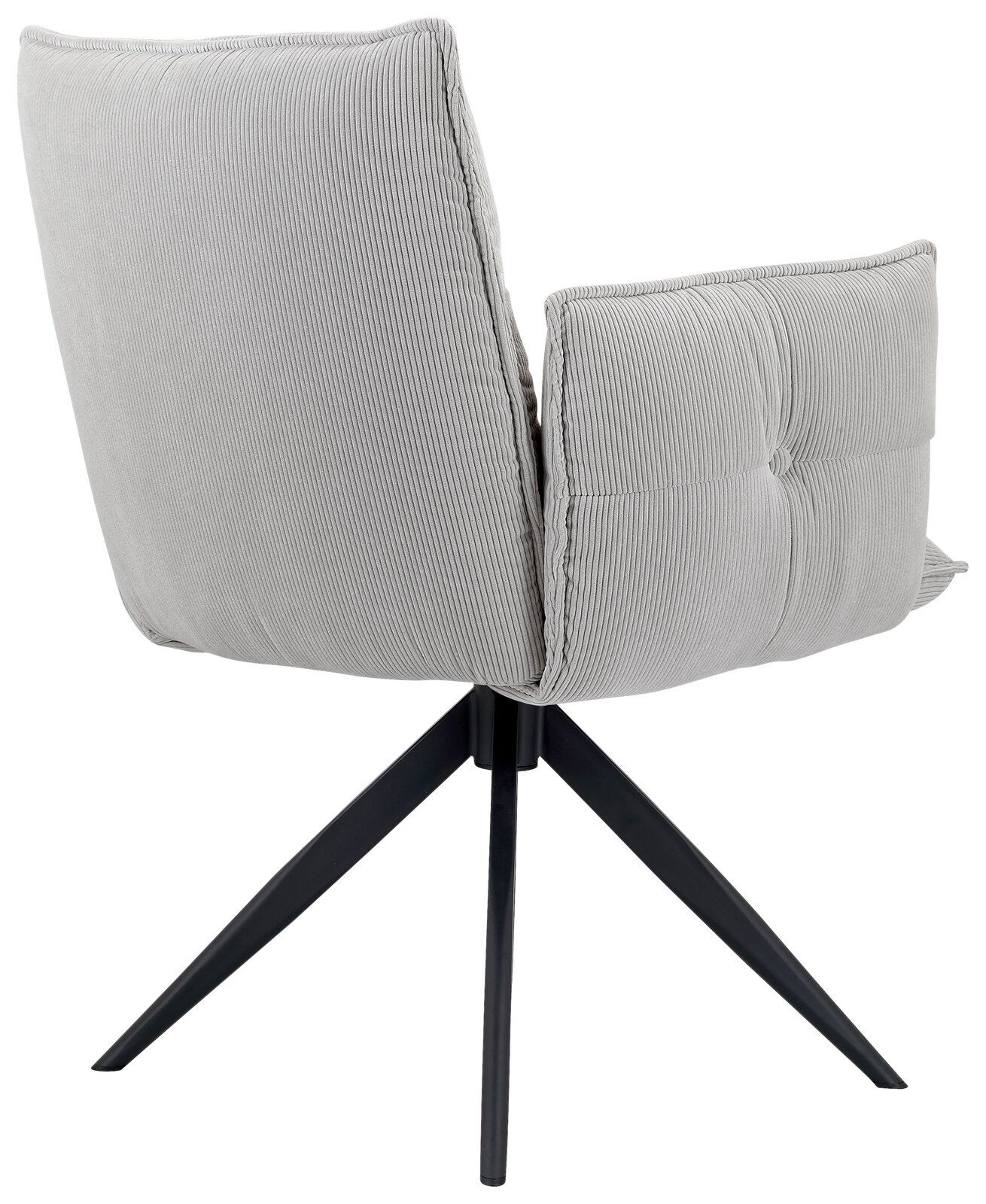 Rückansicht eines grauen Armlehnstuhls mit gestepptem Stoffbezug und schwarzen Metallbeinen.