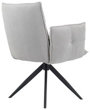 Rückansicht eines grauen Armlehnstuhls mit gestepptem Stoffbezug und schwarzen Metallbeinen.