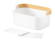 Weißer Aufbewahrungsbehälter mit natürlichem Holzgriff, seitliche Perspektive