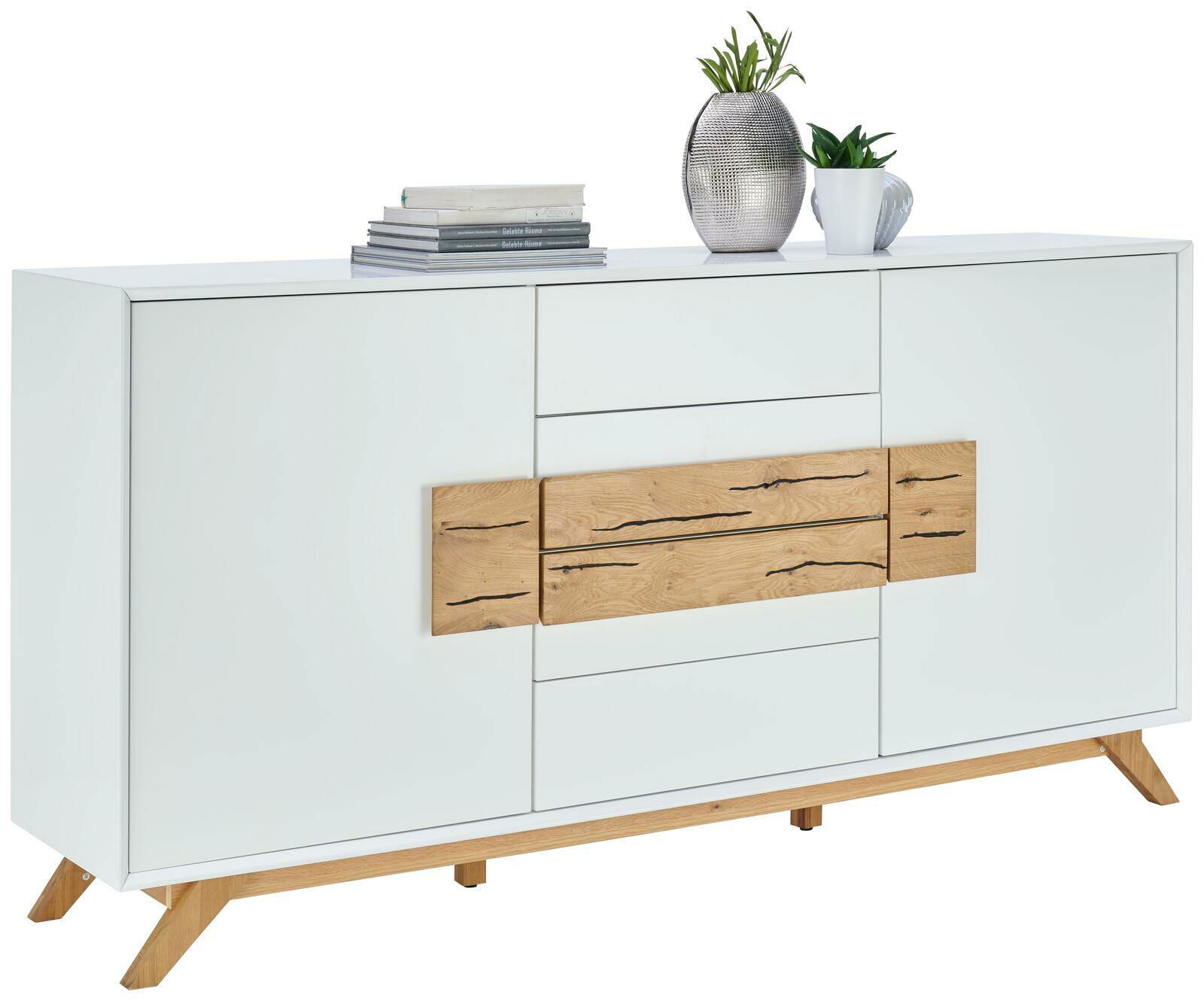 XORA Sideboard MOOVE Weißes Sideboard mit Holzdetails und Dekorationen, seitliche Perspektive